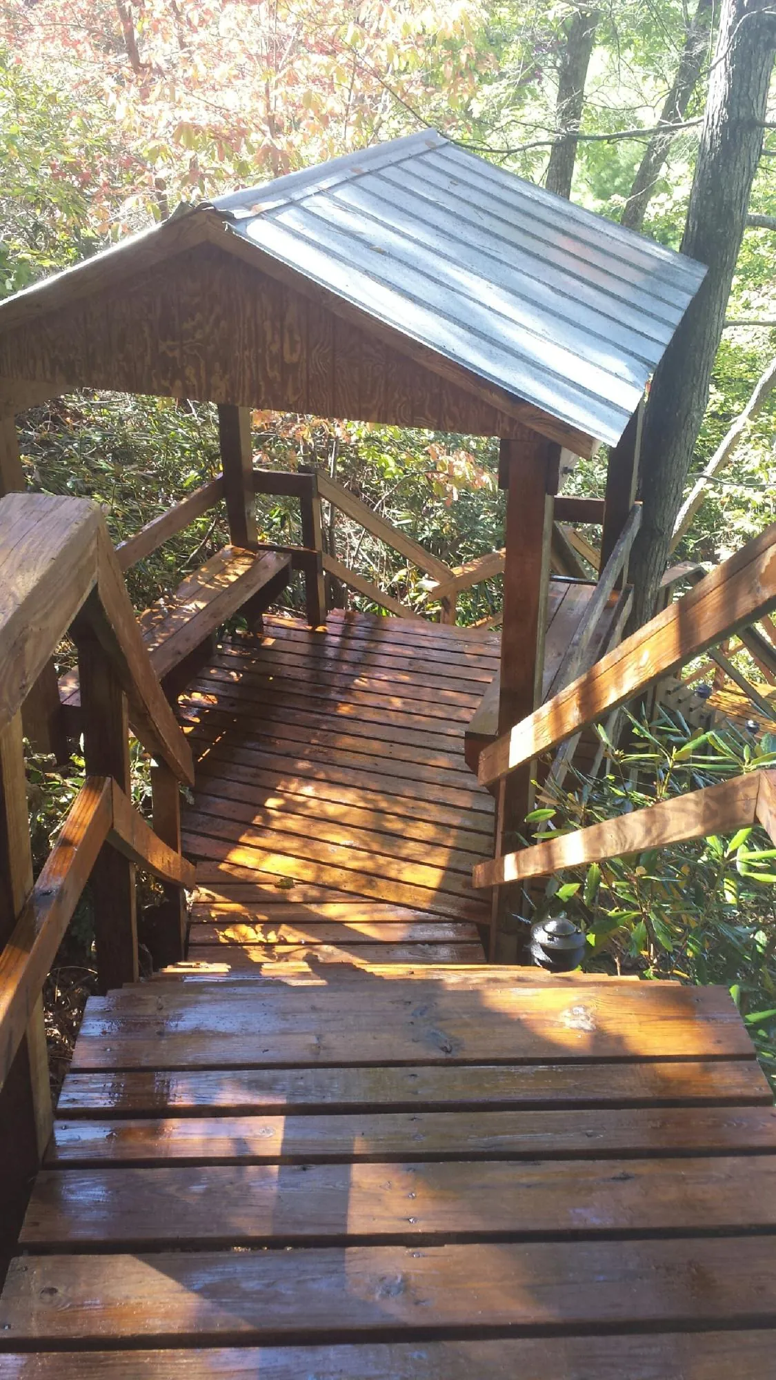 Freshly stained wood walkway and covered shelter with a metal roof in Solen